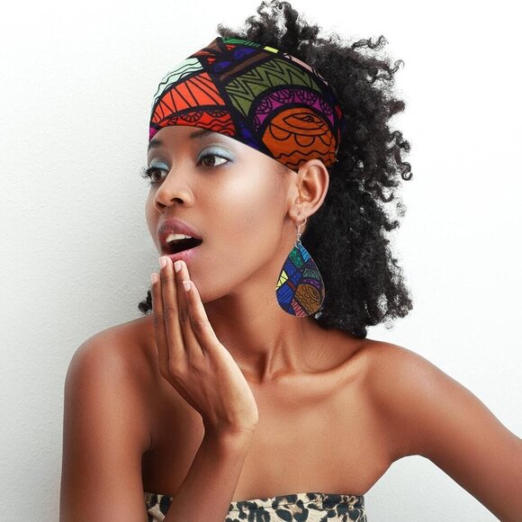 African Boho Print Headband Set Faux Leather Earrings for Women Bright Pattern main image 4